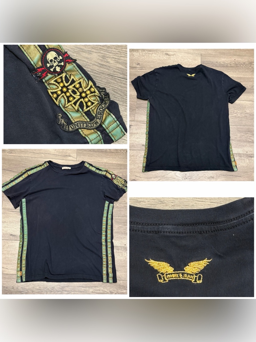 Robins Jean Mens Crystal Studded Skull Black T-Shirt Made in USA Cotton Sz L
